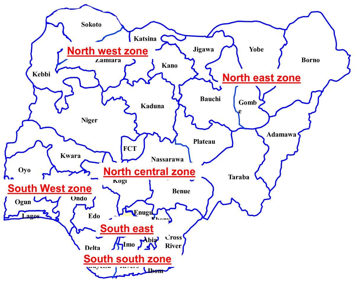 карта на нигерија покажува шест геополитички зони